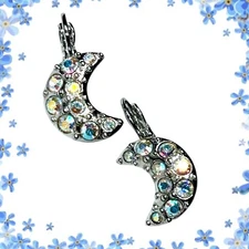 Kirks Folly Silver Tone Crescent Moon AB Rhinestones Earrings Aurora Borealis