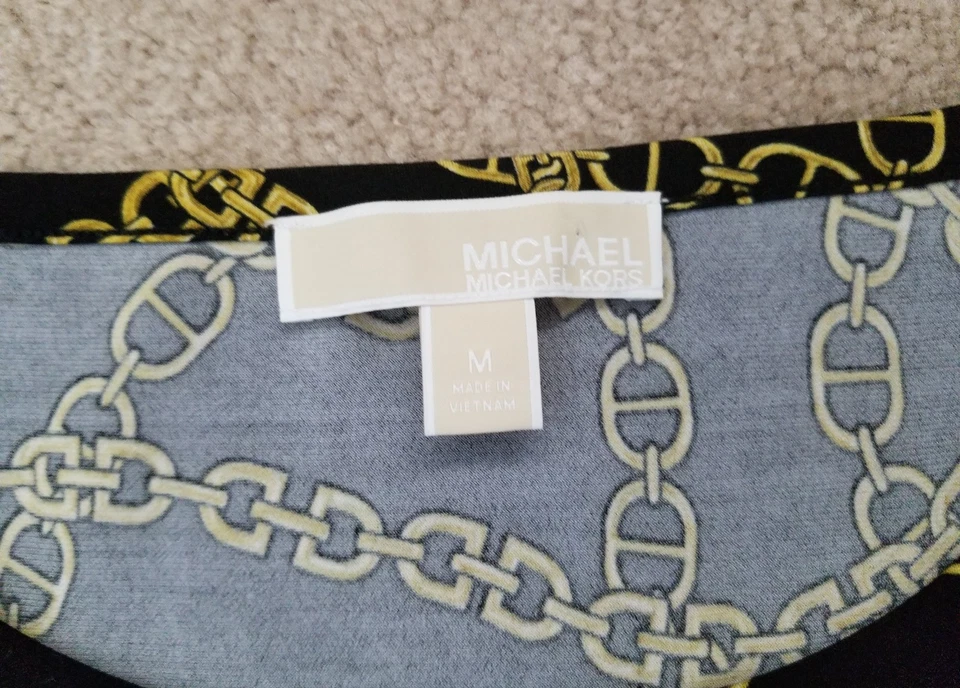 Sold out $98.00 Michael Kors Chain Print dress size M black/yellow/turquoise  - Image 2 of 4