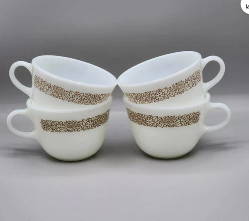 Pyrex Woodland Brown Coffee Tea Cup Mug Set Of 4 Corelle Corning Pattern Vintage
