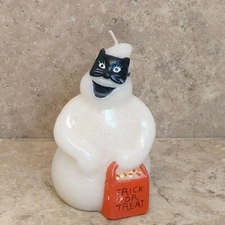 Vintage Trick Or Treat Ghost Candle With Cat Mask Glittery 4.5" Unburned