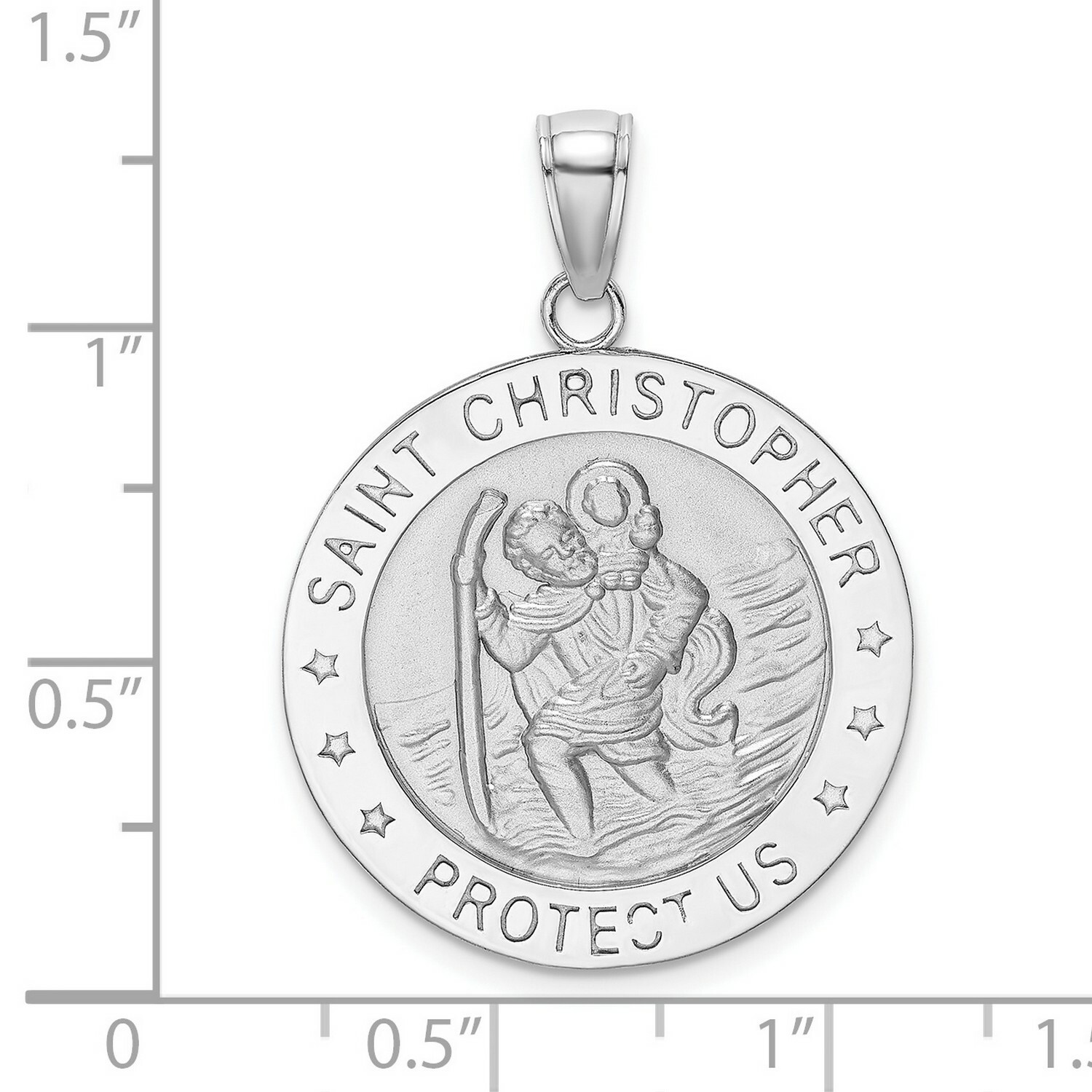 14k White Gold Round Saint Christopher Protect Us Words Charm Pendant