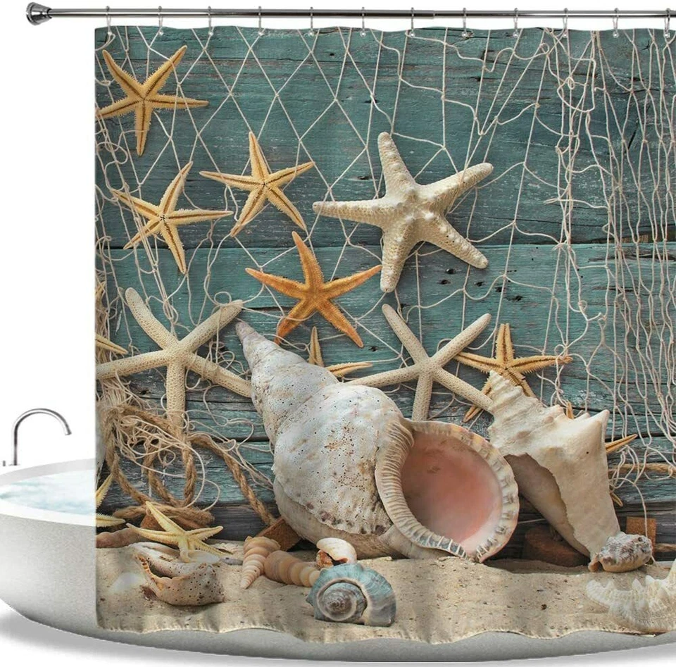 Beach Shower Curtain Seashell Theme Starfish Shell Waterproof Fabric Bathroom - Image 2 of 4