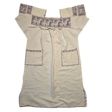 Vtg Mexican Huipil Dress Hand Embroidered Horse on Rider Oaxacan Tunic Pockets
