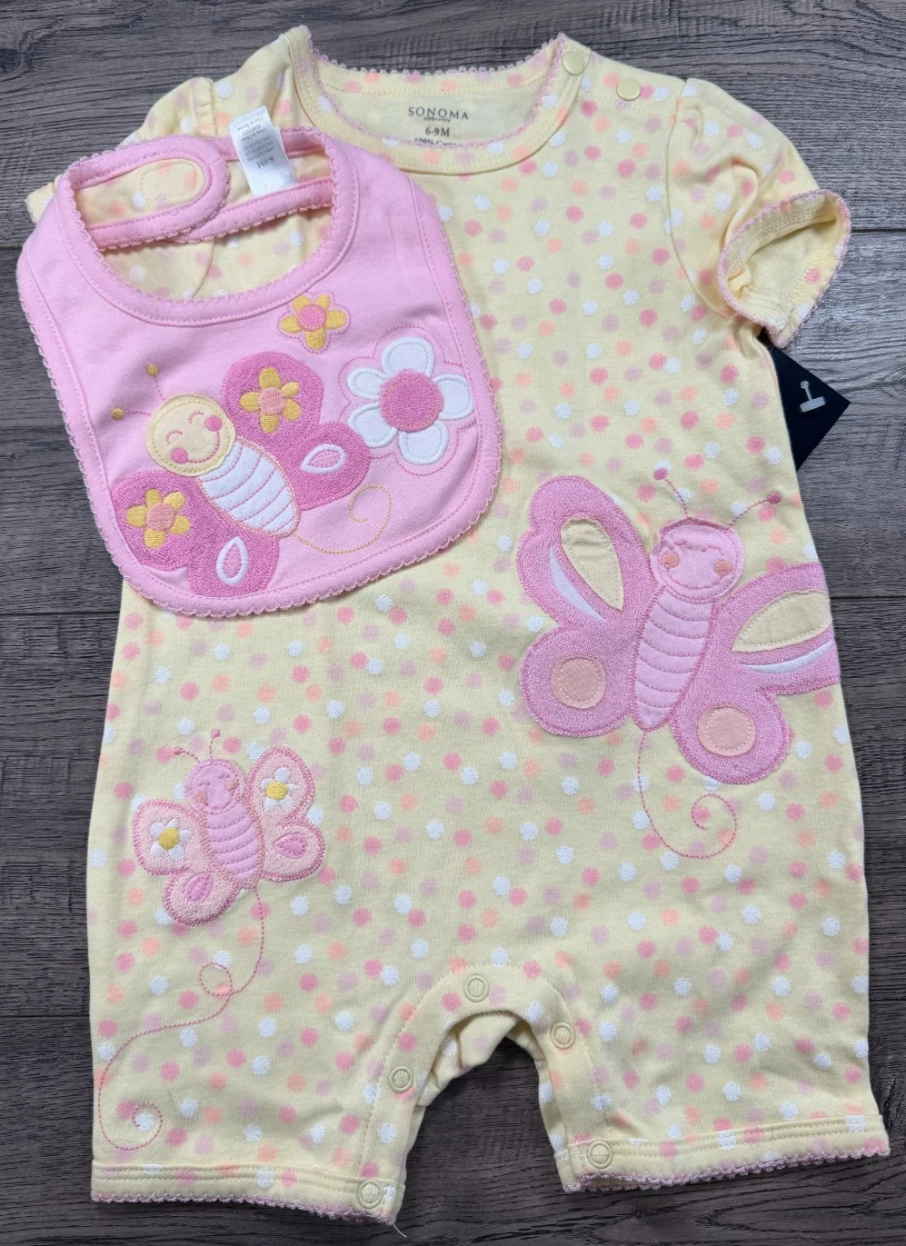 Baby Girl Clothes New Vintage Sonoma 6-9 Month 2pc Pink Yellow Butterfly Romper