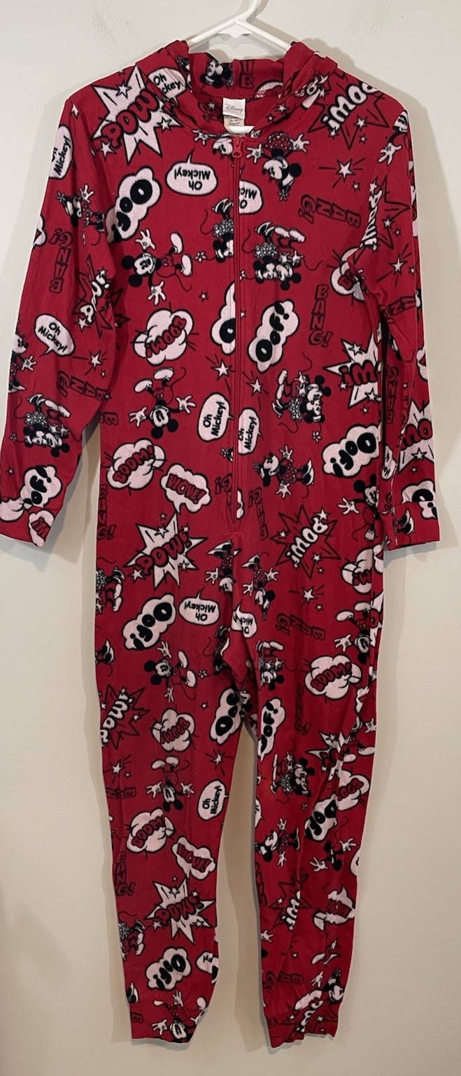Disney Mickey & Minnie mouse one piece pajamas womens sz large Hooded red fleece