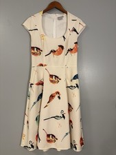 eShakti Brand Cute Bird Print Dress Women's Size S/6 Tea Length With Pockets!