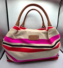 Kate Spade Stevie Oak Island Stripe Large Tote Bag Purse Canvas Leather Trim