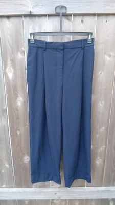 ZARA high rise trouser pant pleats navy wide leg blue cuff stitching small 