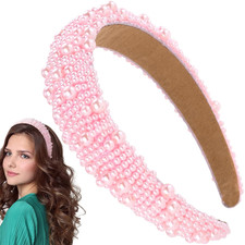 Pink Wide Headband for Women, Artificial Pearls Headband, France Vintage Beaded
