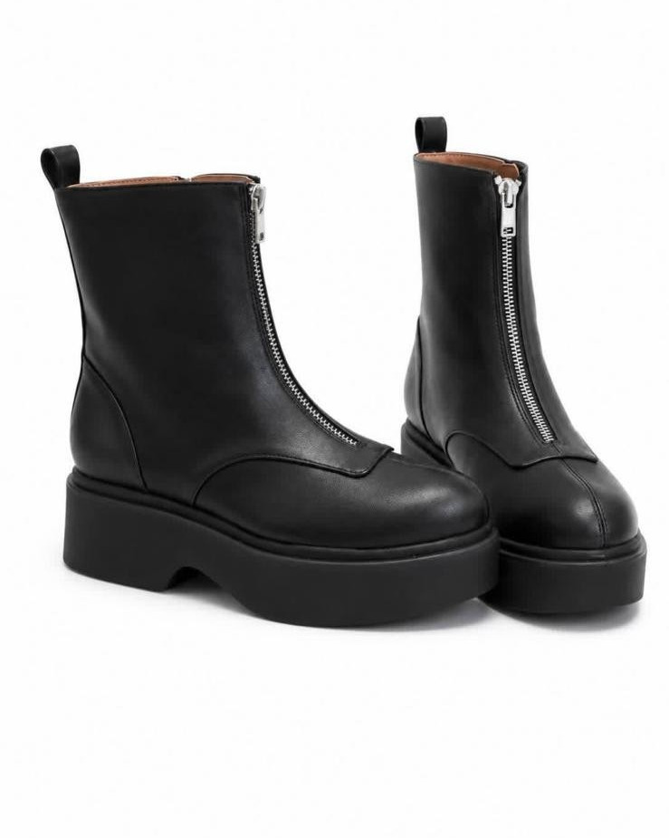 Dunes Women’s Black Platform Ankle Boots Chunky Lug Sole Front Zip Sz 6–10