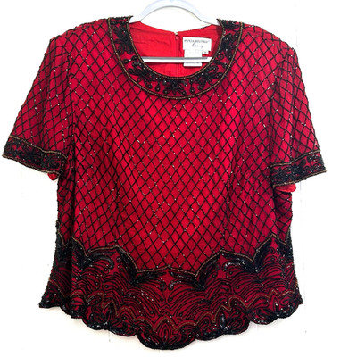 Papell Boutique Vintage 80s Red Sequins 100% Silk Top Evening Party Blouse