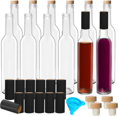 12 Pack 500 Ml/16 Oz Clear Glass Bottles with Wooden Cork Lids & Seal Shrink Cap