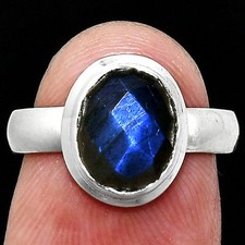 Natural Blue Labradorite Checker 925 Sterling Silver Ring Size 6