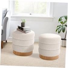  Sherpa Ottoman Footstool, Tufted Modern Foot Rest Stool with Wood Cream-2pcs
