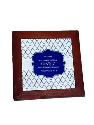 Wooden Framed Tile Trivet Blue And White Philippians 4:13 Scripture 8'' Decor