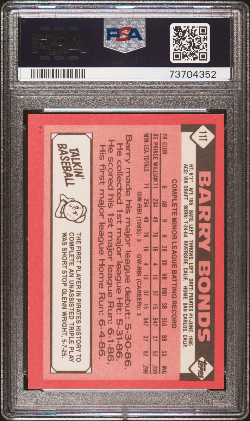 1986 TOPPS TRADED #11T BARRY BONDS ROOKIE RC PSA 8 view 2