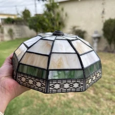 VTG Stain Glass Art Deco Tiffany Style Green  White Small Lamp Shade 8"