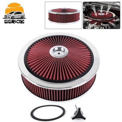RED 14'' X 4'' Round Air Cleaner w/ Chrome Lid Thru High Flow Washable For SBC BBC