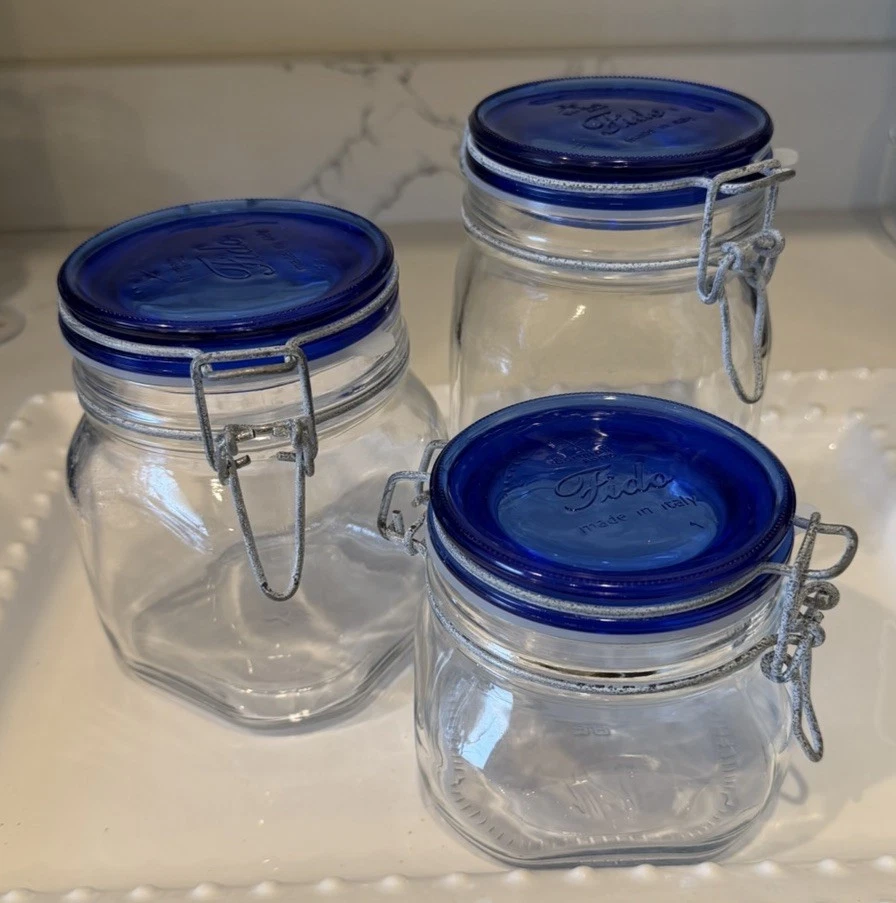 Bormioli Rocco Fido Glass Jars Canisters Italy Swing Lid Cobalt Blue Set of 3