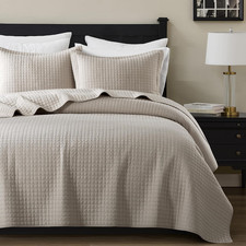 100 Cotton King Size Quilt Set - Beige Box Pick Stitch Soft Lightweight Bedspre