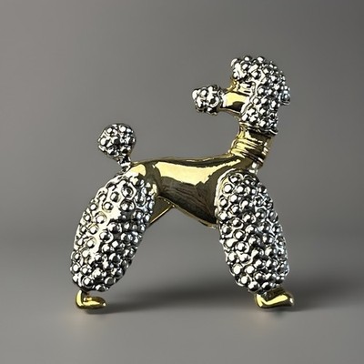 Vintage Poodle Dog brooch  Gold  Silver Texture Metal Excellent Conditions