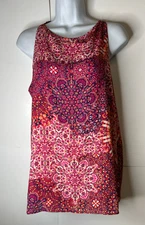 Adrienne Vittadini Women's Medium Tank Top Pink Floral Artsy BOHO Peasant Lined