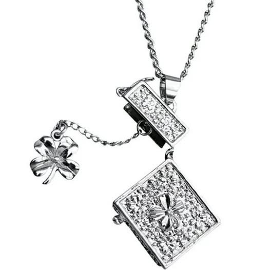 Clover Necklace Trinket Box with Magnetic Clasp in Silver Tone-image