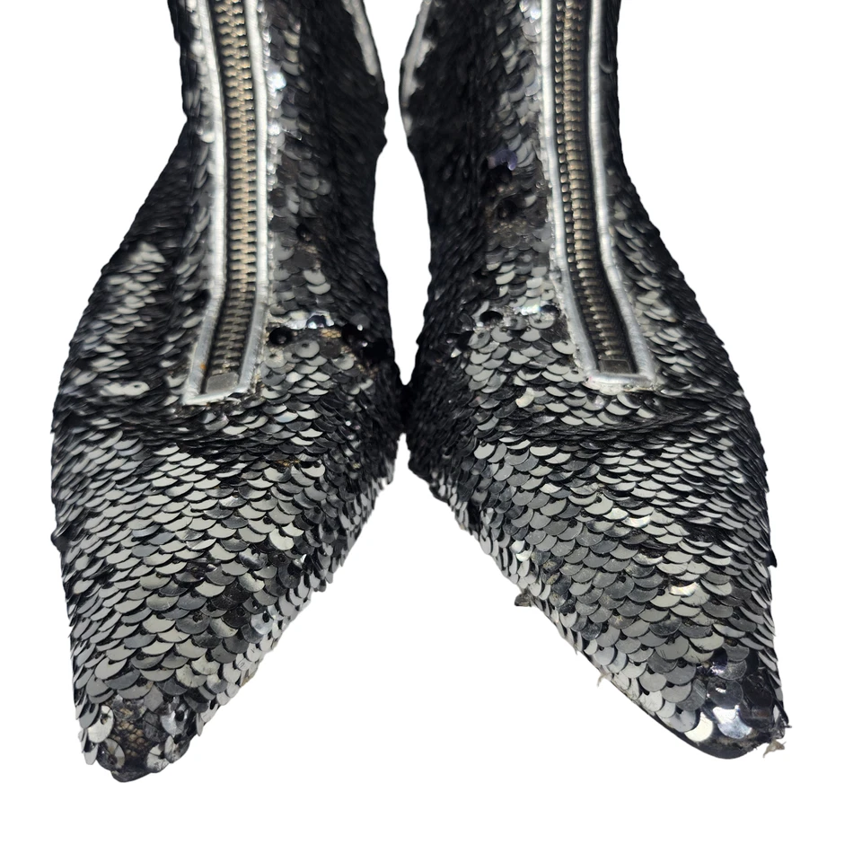 Zapatos Zara Mujer 36 6 Plateados Metálicos Lentejuelas Gatito Tacones Botines Punta Punta Foto 4 de 4