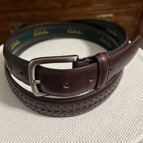 Cabelas Herren Echtleder Braun Gürtel Korbgeflecht 44" Hergestellt in Argentinien EUC