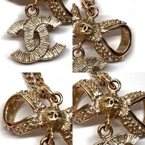 Chanel Coco Mark Ribbon Rhinestone Necklace Gold A42647 - Picture 3 of 9