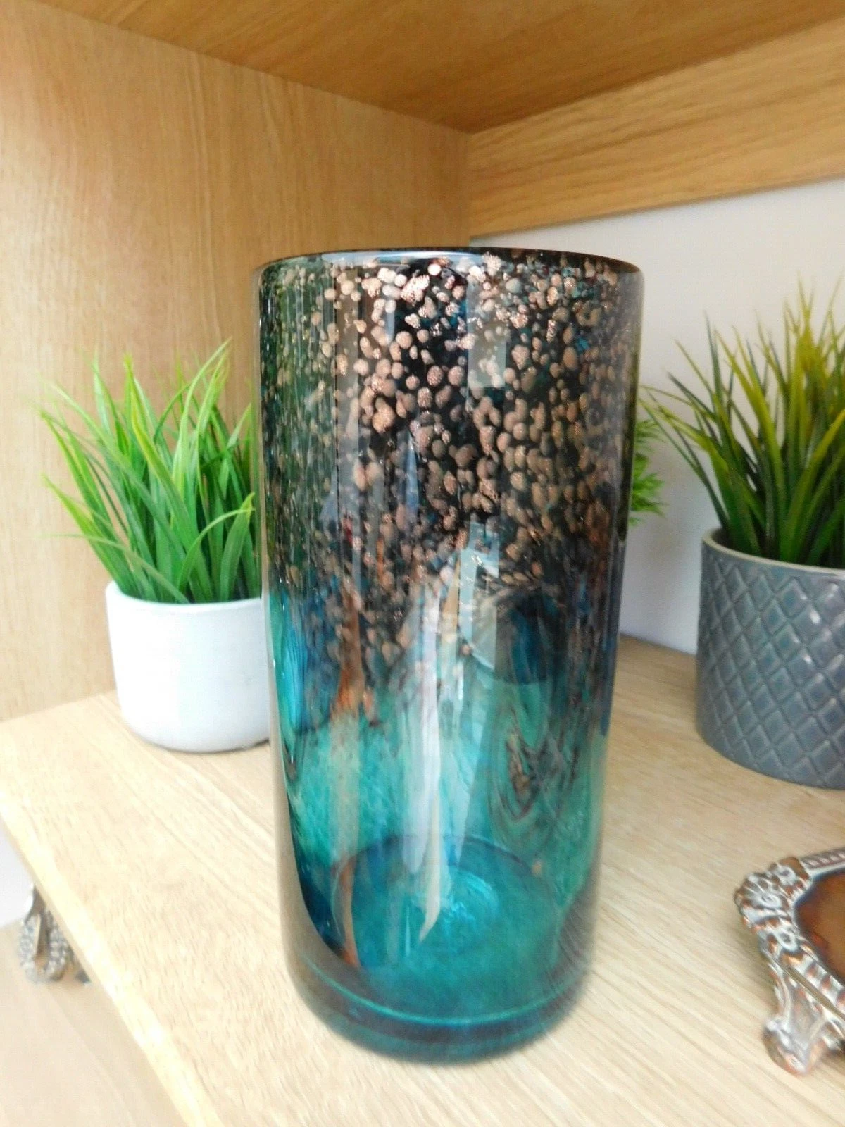 Strathearn "Leaping Salmon" Blue Glass Vase Pontil Mark c1970 20cm
