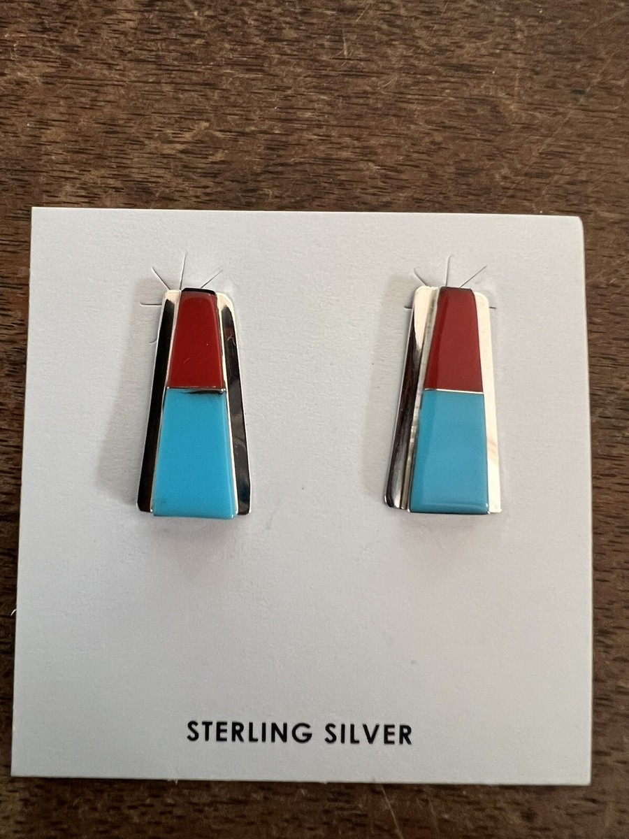 Astounding Zuni Turquoise Multi-stone Sterling Silver Earrings Native American Astounding Zuni Turquoise Multi-stone Sterling Silver Earrings Native American