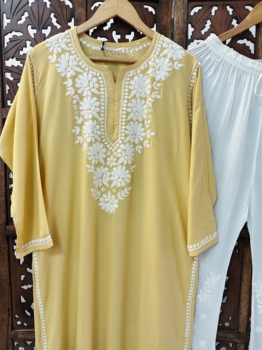 Women Handmade Rayon Straight Kurta Palazzo Set Ethnic Wear Lucknowi Chikankari - Picture 2 of 3