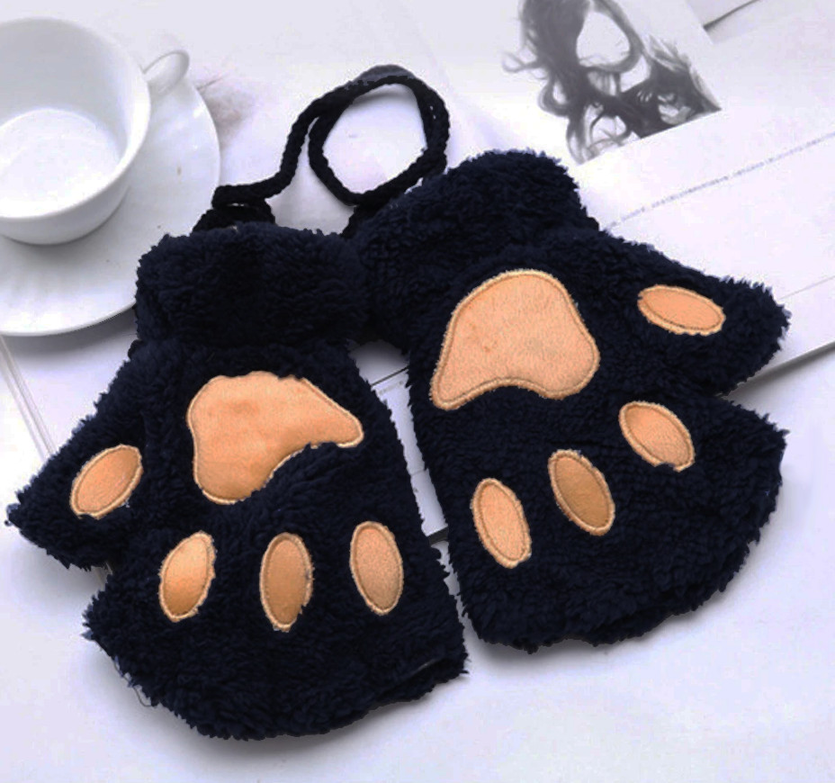 Mitones De Peluche De Piel De Animal Azules Oscuros Con Almohadillas Beiges