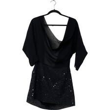 Cowl Neck Sequin Details Mini Dress Womens Size S Black 3/4 Sleeve Back Zipper