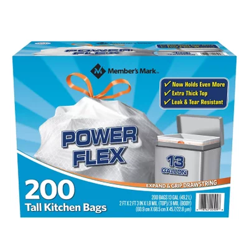Member's Mark Power Flex Tall Kitchen Drawstring Trash Bags 13 Gal 200