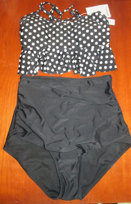 NWT Cocoship Black/White Polka Dot Bikini Women Size 4 Retro Style High  34033