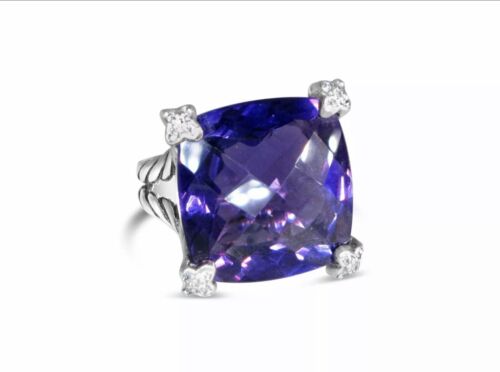 DAVID YURMAN 20MM STERLING SILVER AMETHYST CUSHION ON POINT DIAMOND RING 5.5 - Picture 2 of 9
