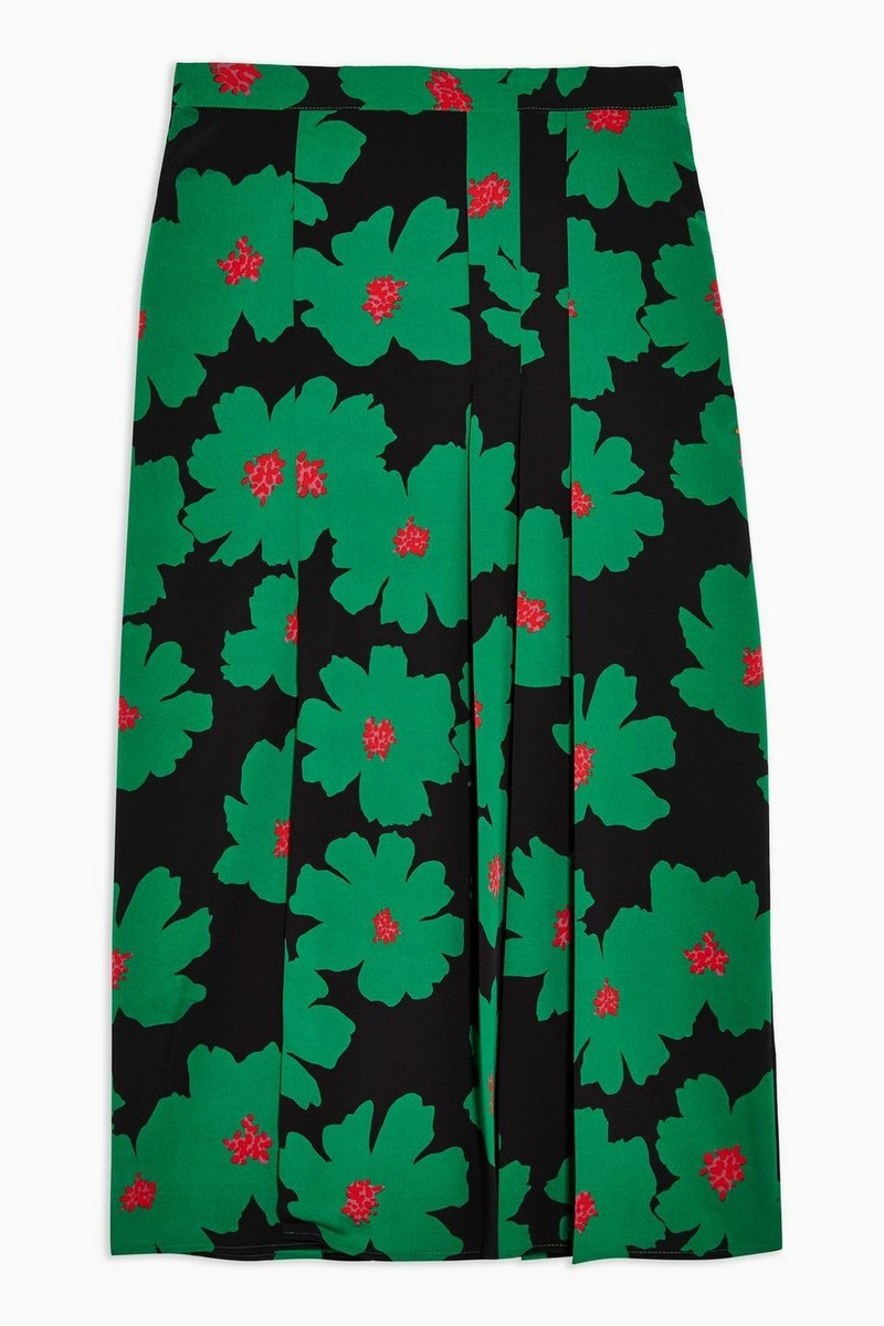 Topshop PETITE Black Green Bold Floral Pleated Midi Skirt Size