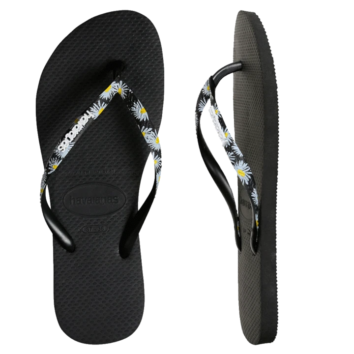 NEW Havaianas HAVAIANAS Slim Print Strap Daisy Black Silver Female