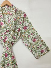 Voile Long Kimono Hand Block Printed Women's Indian Nightwear Robe Gown Dress