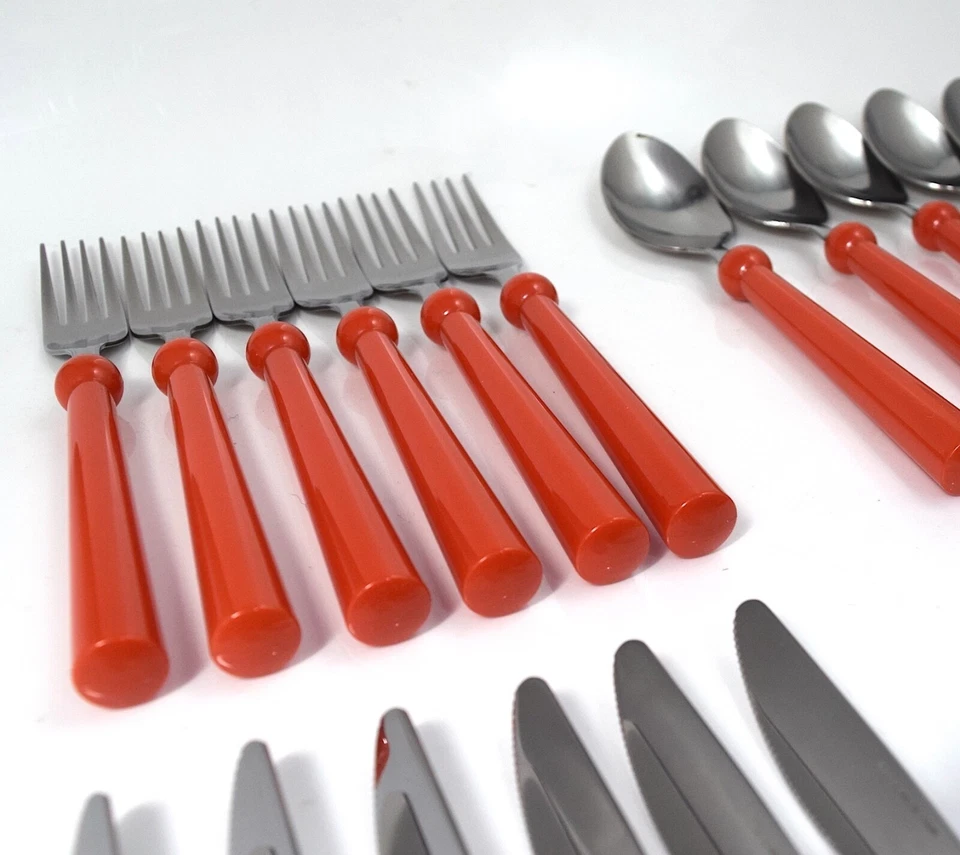 Ikea Grammatik Besteck 24 tlg 6 Personen Retro Edelstahl roter Kunststoff - Bild 2 von 4