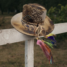 Beautiful Freehand Burned Custom Desert wool Fedora hat. Boho/Cowgirl Accessory.