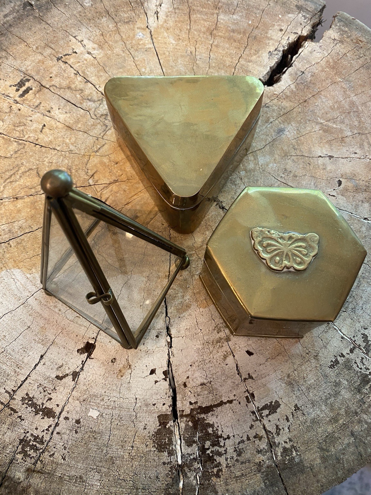 Vintage Brass Trinket Box Lot With Geometric Glass Accent Piece