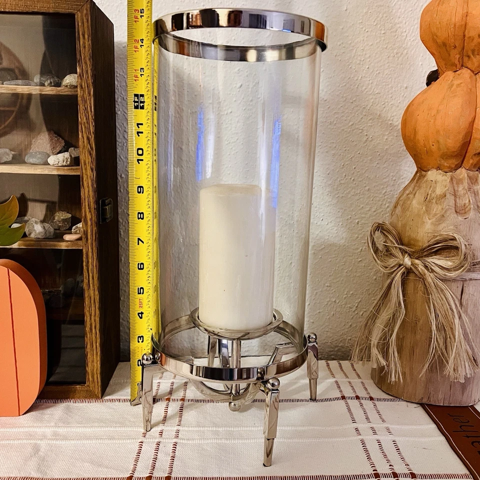 RARE Global Views Elevated Glass Hurricane Pillar Candle Holder With Metal Base - Image 2 of 4