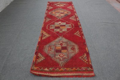 Herki Turkish Rug, 3,2x10,5 ft Vintage Rug, Red Oriental Wool Rug