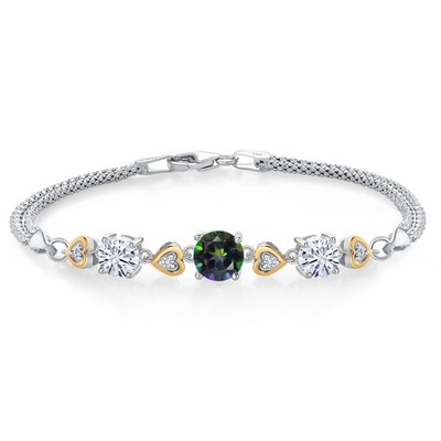 925 Sterling Silver and 10k Yellow Gold Green Mystic Topaz White Moissanite and