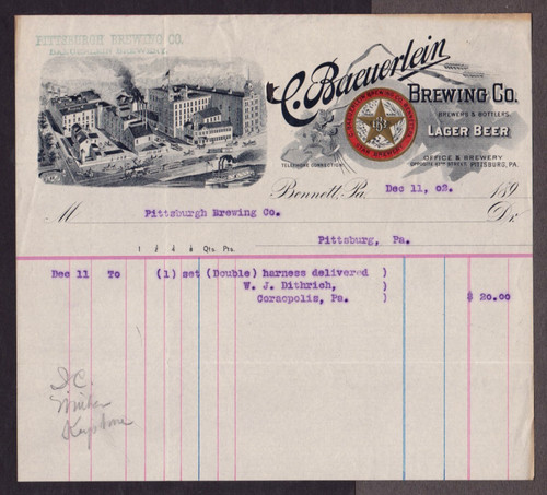 Pre-pro 1902 C. BAEUERLEIN BREWING STAR Bennett Pittsburgh Receipt Coraopolis PA