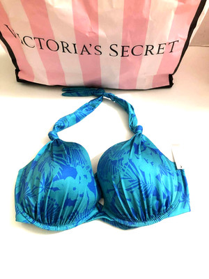 Victoria's Secret Swim Push Up Halter Bikini Top Teal Blue Tropical Palm NWT
