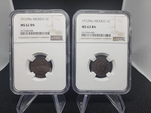 1912 MEXICO 1 CENTAVO NGC MS 62 and MS63 BN SCARCE MINT STATE COIN